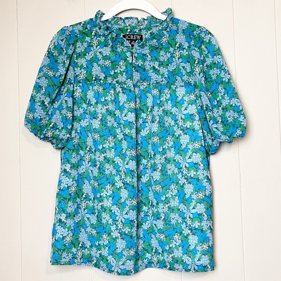 J. Crew Ruffle Trim Short Sleeve Top Hyacinth Fields XS blue floral blouse flowy - Picture 12 of 12